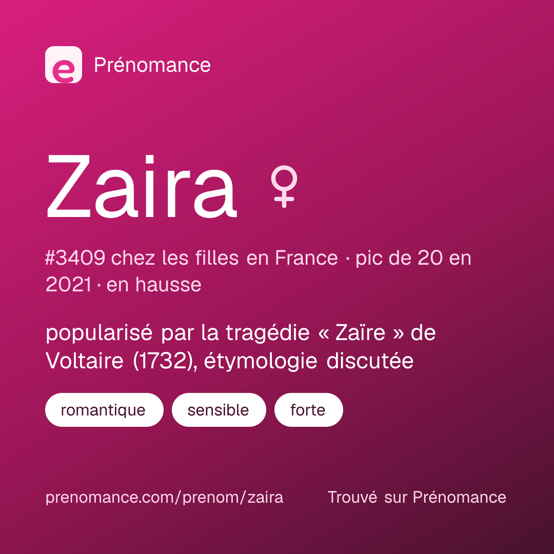 Carte de partage du prénom Zaira